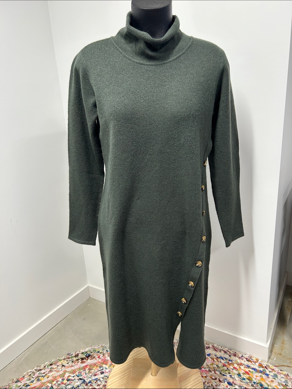 Coldwater Creek Green Turtleneck Sweater Dress Side Button Accent Petite M
